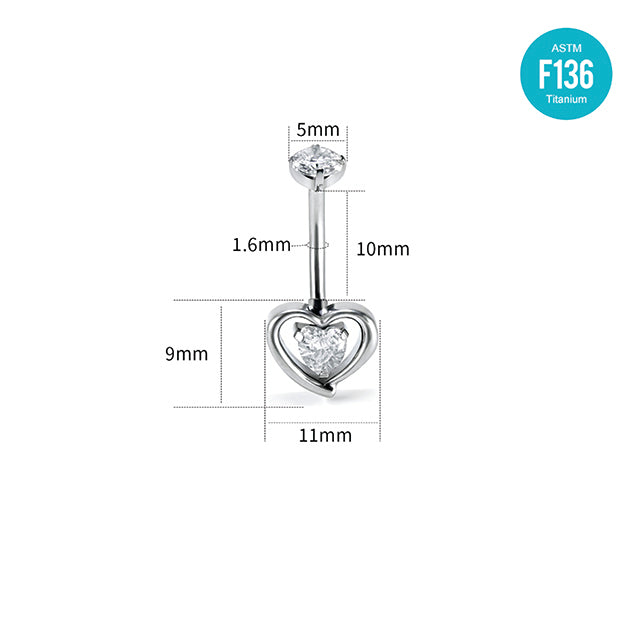 F136 Titanium Belly Button Ring–Heart CZ Dangle,Hypoallergenic Navel Piercing for Women