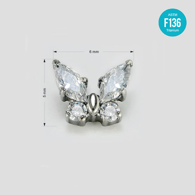 F136 Titanium Butterfly CZ Stud Head – Internally Threaded Flat Back Piercing Jewelry