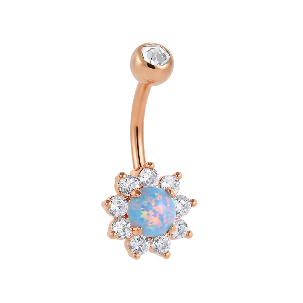 Floral Opal Belly Ring CZ Petal Design