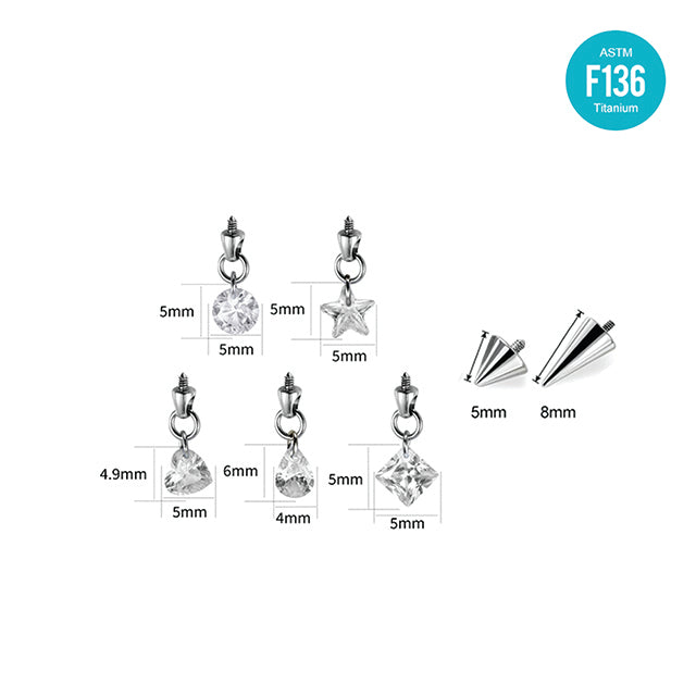 F136 Titanium Devil Spike Earrings with Star,Teardrop,Heart & Geometric Pendants