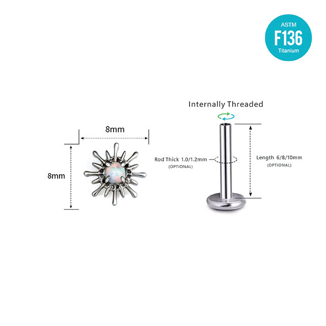 F136 Titanium Sea Urchin Spike Stud with Opal – Internally Threaded Piercing Top