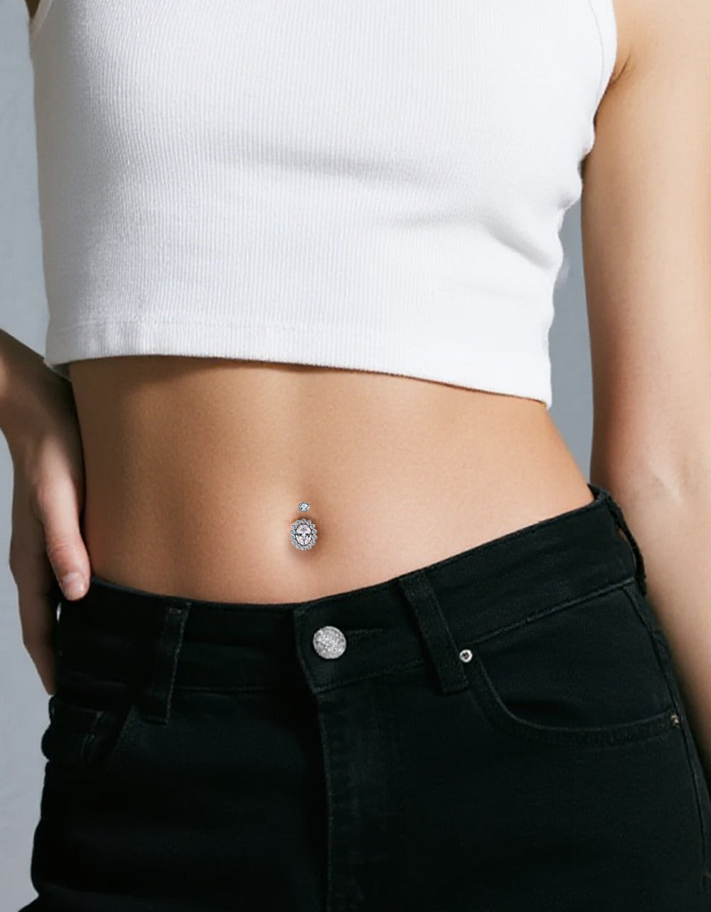 Titanium Internally Threaded Bezel Set CZ Top With Oval CZ Center Flower Belly Ring