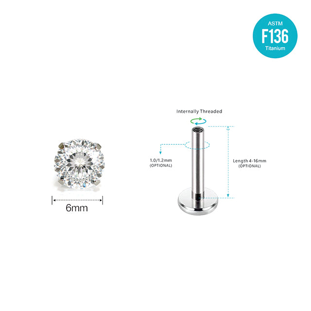 F136 Titanium 6mm Nest-Cut CZ Stud – Internally Threaded Ear & Cartilage Piercing
