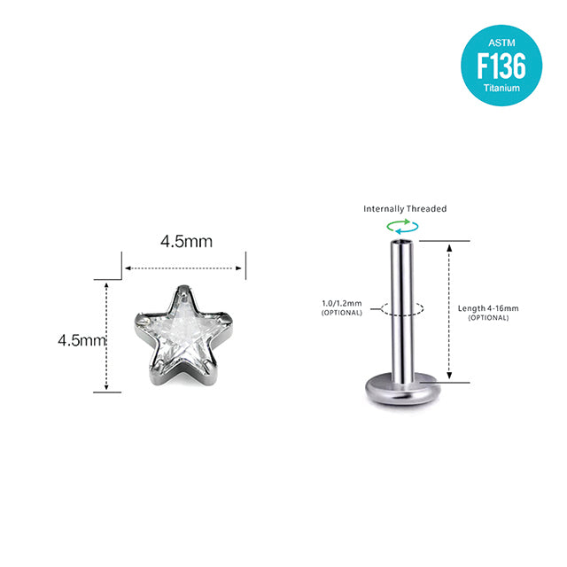 F136 Titanium Internally Threaded Star CZ Piercing Head–Lip, Ear & Nose Jewelry