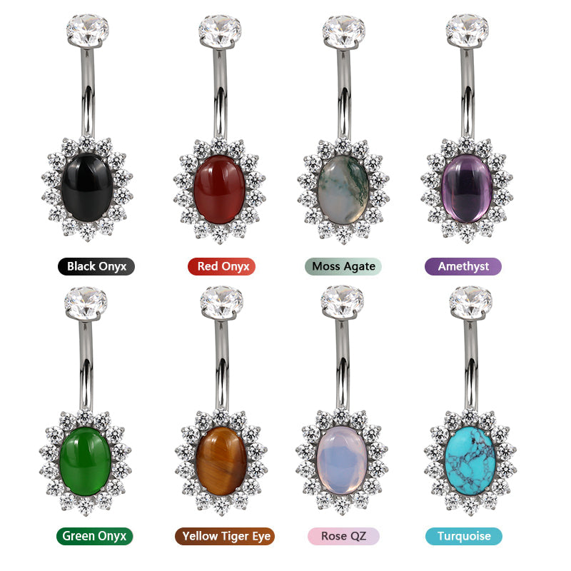 F136 Titanium Flower Navel Ring & Oval Natural Stone Center