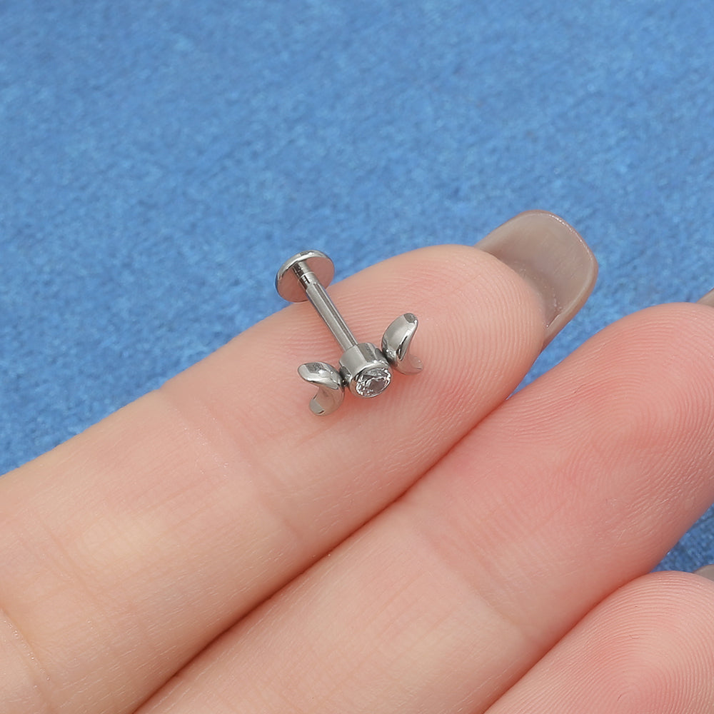 Double Crescent Moon CZ Lip Stud – 16G Internally Threaded Labret Piercing