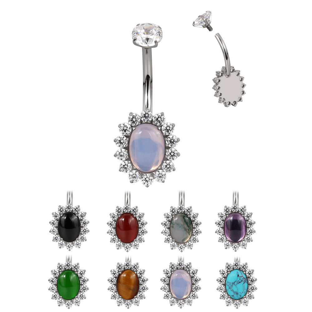 F136 Titanium Flower Navel Ring & Oval Natural Stone Center