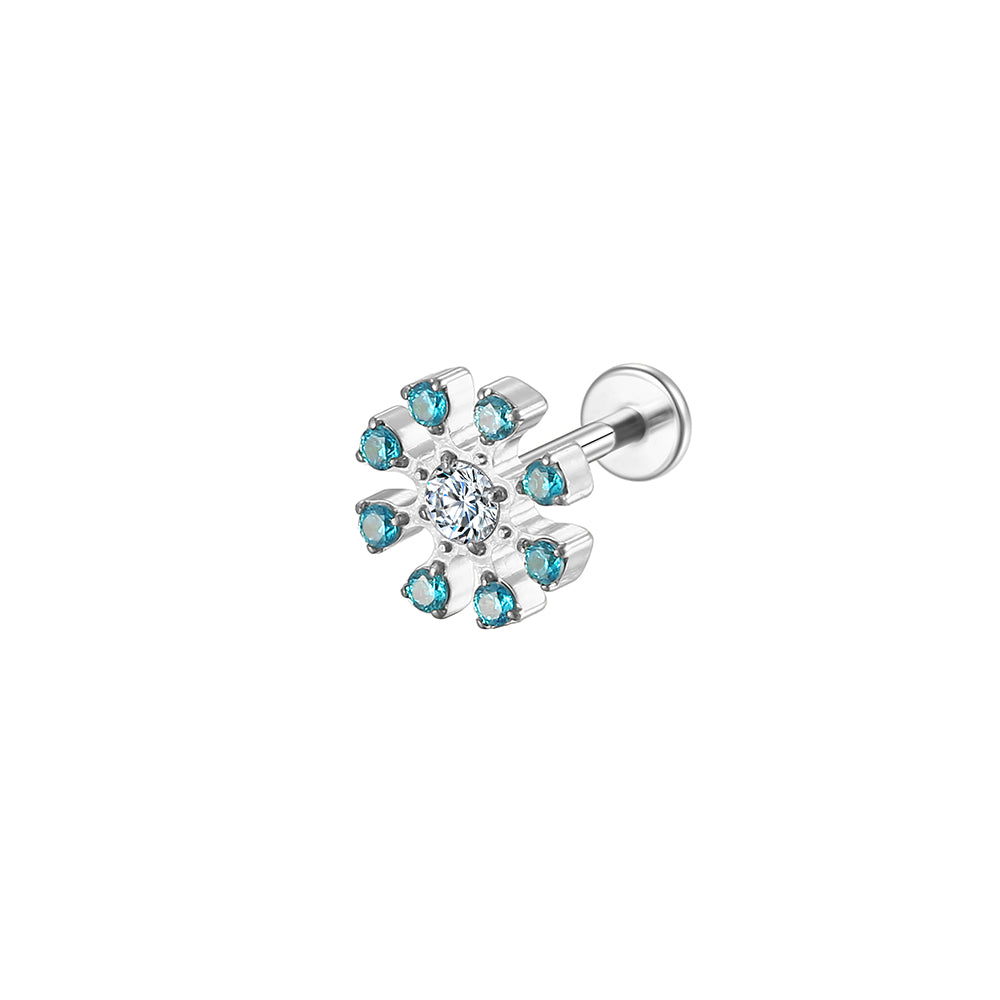14K Gold Sunflower Labret Stud with Blue CZ – Internally Threaded Lip Piercing Jewelry