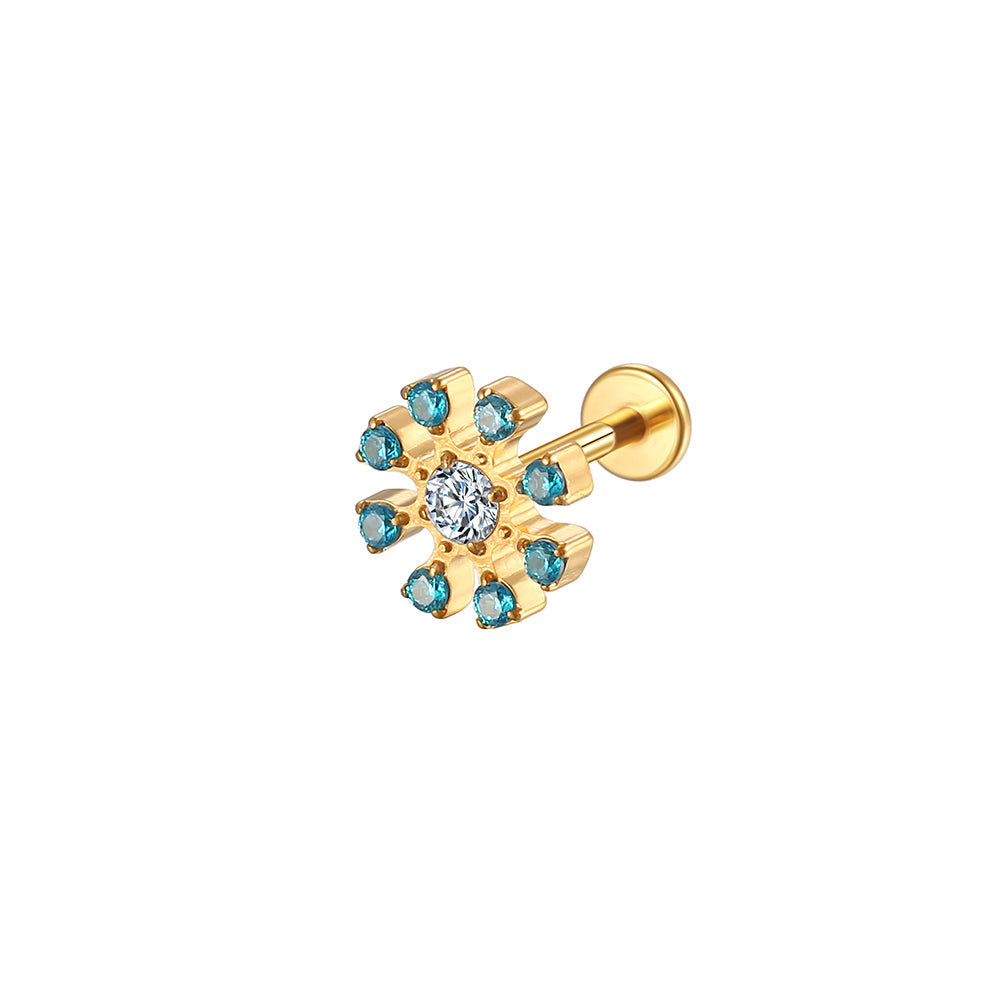 14K Gold Sunflower Labret Stud with Blue CZ – Internally Threaded Lip Piercing Jewelry