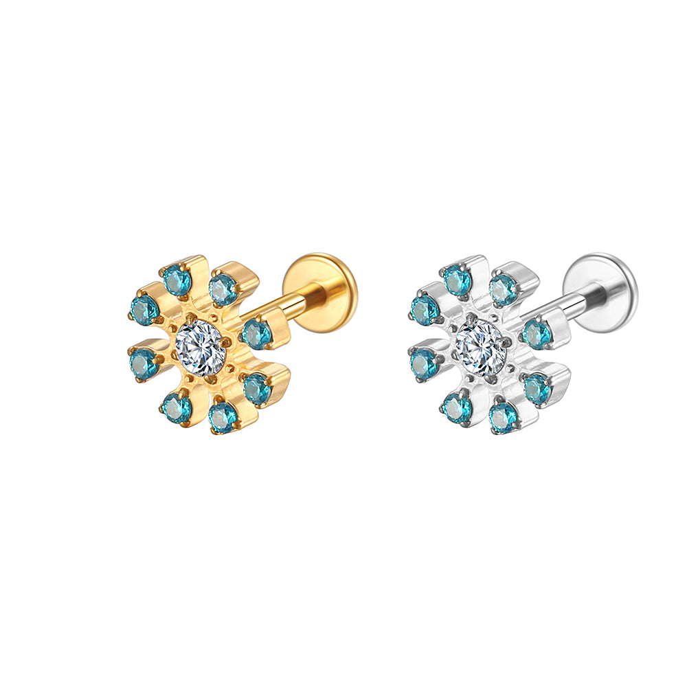 14K Gold Sunflower Labret Stud with Blue CZ – Internally Threaded Lip Piercing Jewelry