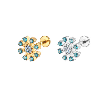 14K Gold Sunflower Labret Stud with Blue CZ – Internally Threaded Lip Piercing Jewelry