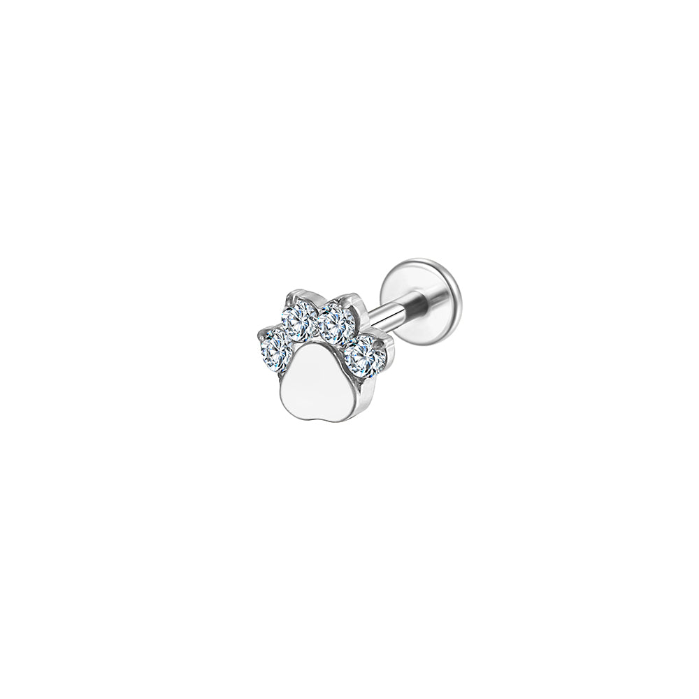 14K Gold Cat Paw Labret Stud with 4 CZ Stones – Internally Threaded Lip Piercing Jewelry
