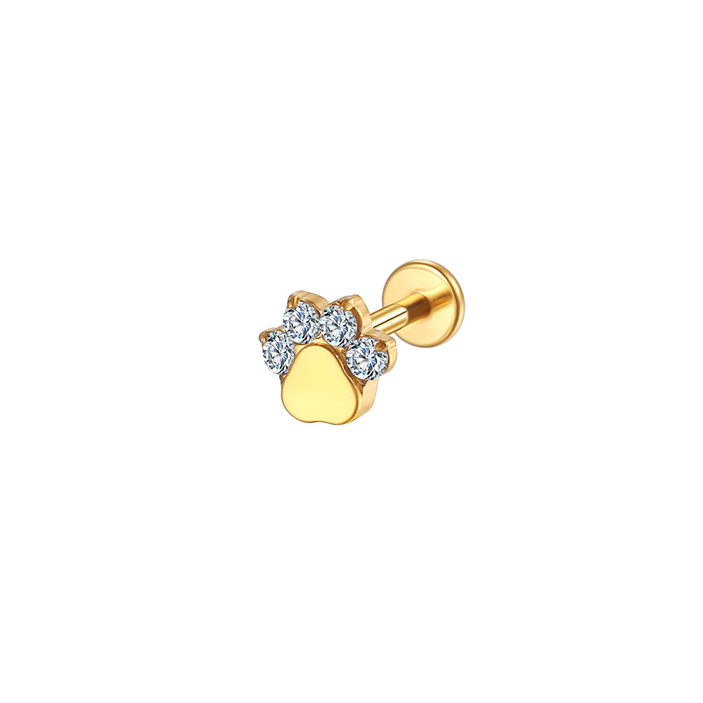 14K Gold Cat Paw Labret Stud with 4 CZ Stones – Internally Threaded Lip Piercing Jewelry