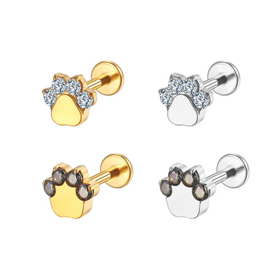 Four CZ Paw Print Lip Stud 16G Internally Threaded Cat Claw Labret Piercing