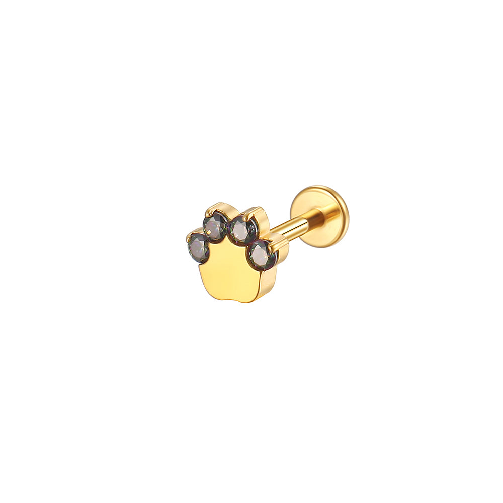 14K Gold Cat Paw Labret Stud with 4 CZ Stones – Internally Threaded Lip Piercing Jewelry
