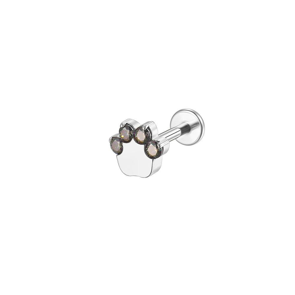 14K Gold Cat Paw Labret Stud with 4 CZ Stones – Internally Threaded Lip Piercing Jewelry
