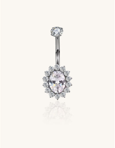 Titanium Internally Threaded Bezel Set CZ Top With Oval CZ Center Flower Belly Ring