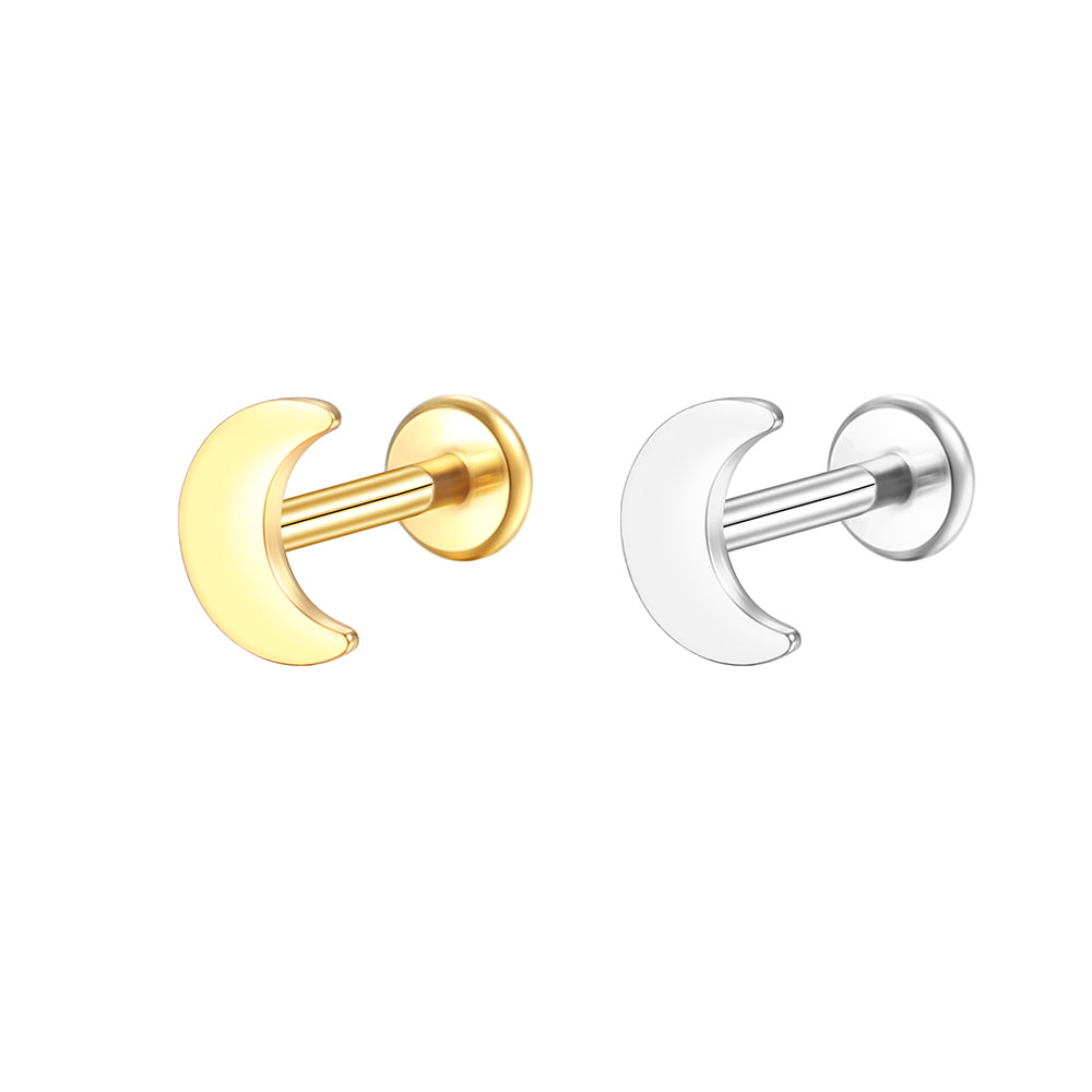 14K Gold Minimalist Flat Moon Labret Stud – Internally Threaded Lip Piercing Jewelry