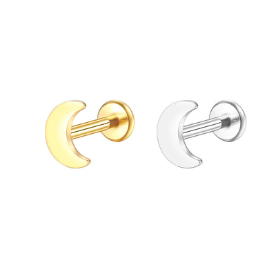 14K Gold Minimalist Flat Moon Labret Stud – Internally Threaded Lip Piercing Jewelry