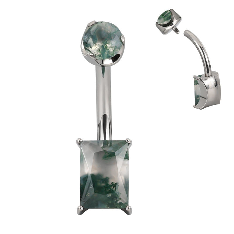 Fashion Belly Button Ring ASTM F136 Titanium Internally Threaded Prong Set Rectangle Natural Stone