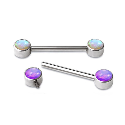 ASTM F136 Titanium 14G Internally Threaded Barbell with Bezel-Set Opal – Nipple, Lip, Eyebrow Piercing Jewelry