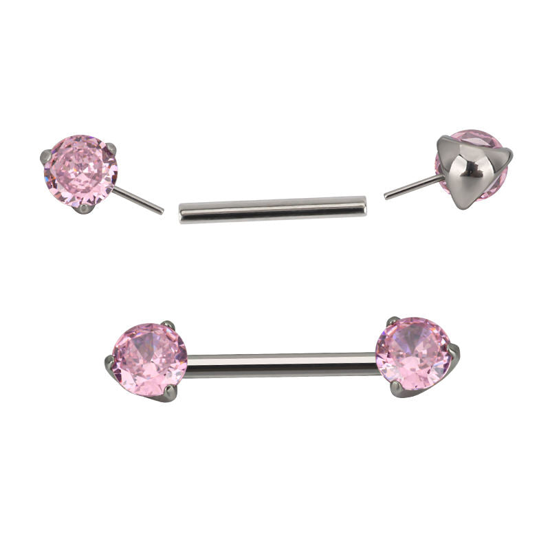 Threadless Titanium Nipple Barbell–Prong Set CZ Ends | Push-In Style Body Piercing Jewelry