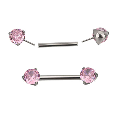 Threadless Titanium Nipple Barbell–Prong Set CZ Ends | Push-In Style Body Piercing Jewelry