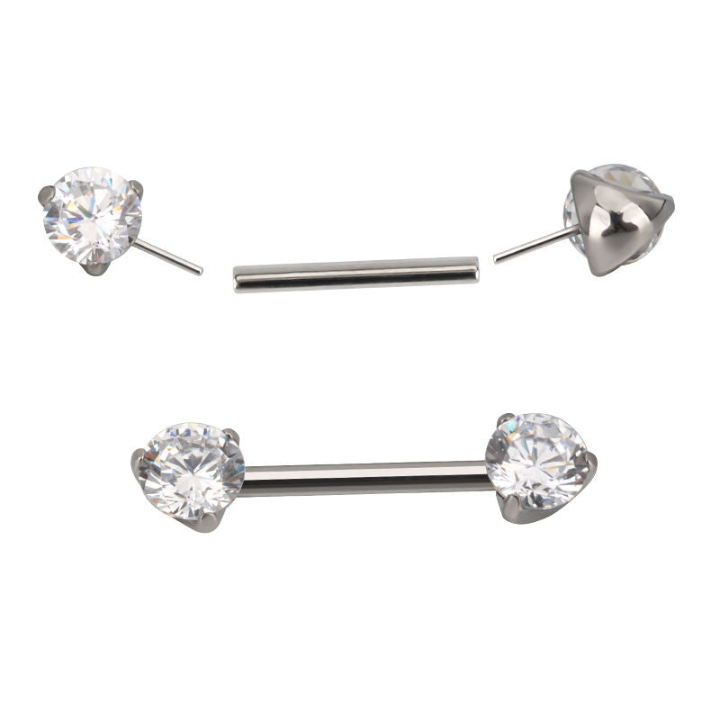 Threadless Titanium Nipple Barbell–Prong Set CZ Ends | Push-In Style Body Piercing Jewelry