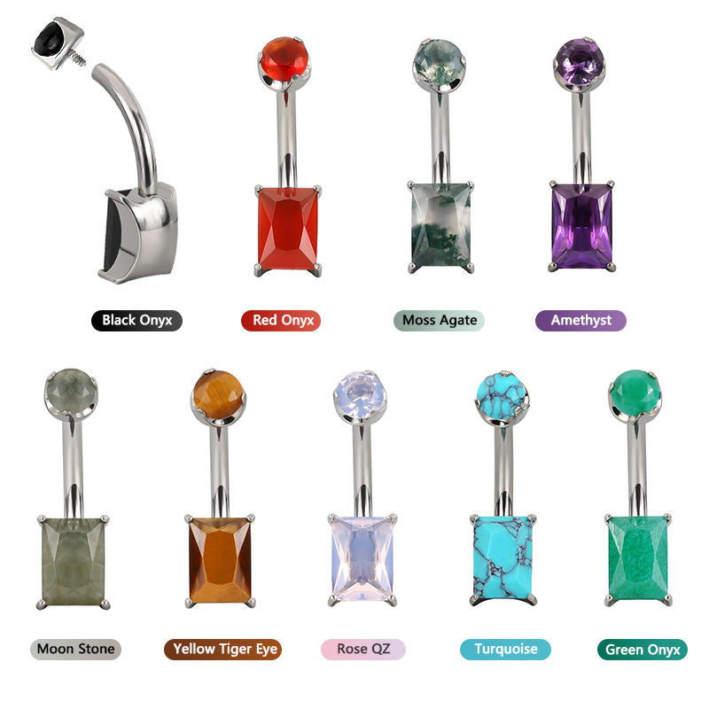 Fashion Belly Button Ring ASTM F136 Titanium Internally Threaded Prong Set Rectangle Natural Stone
