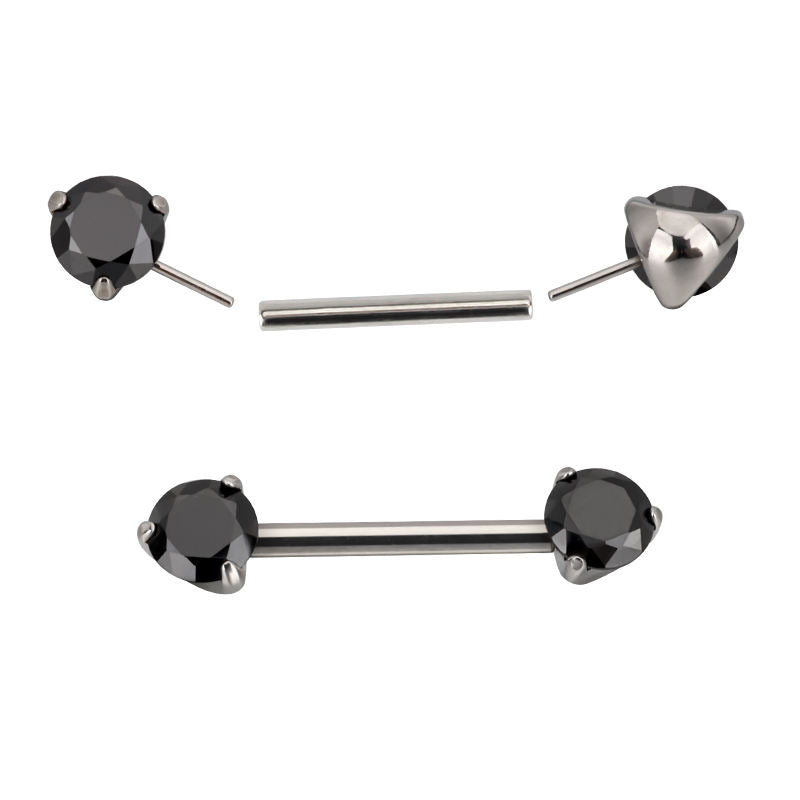 Threadless Titanium Nipple Barbell–Prong Set CZ Ends | Push-In Style Body Piercing Jewelry