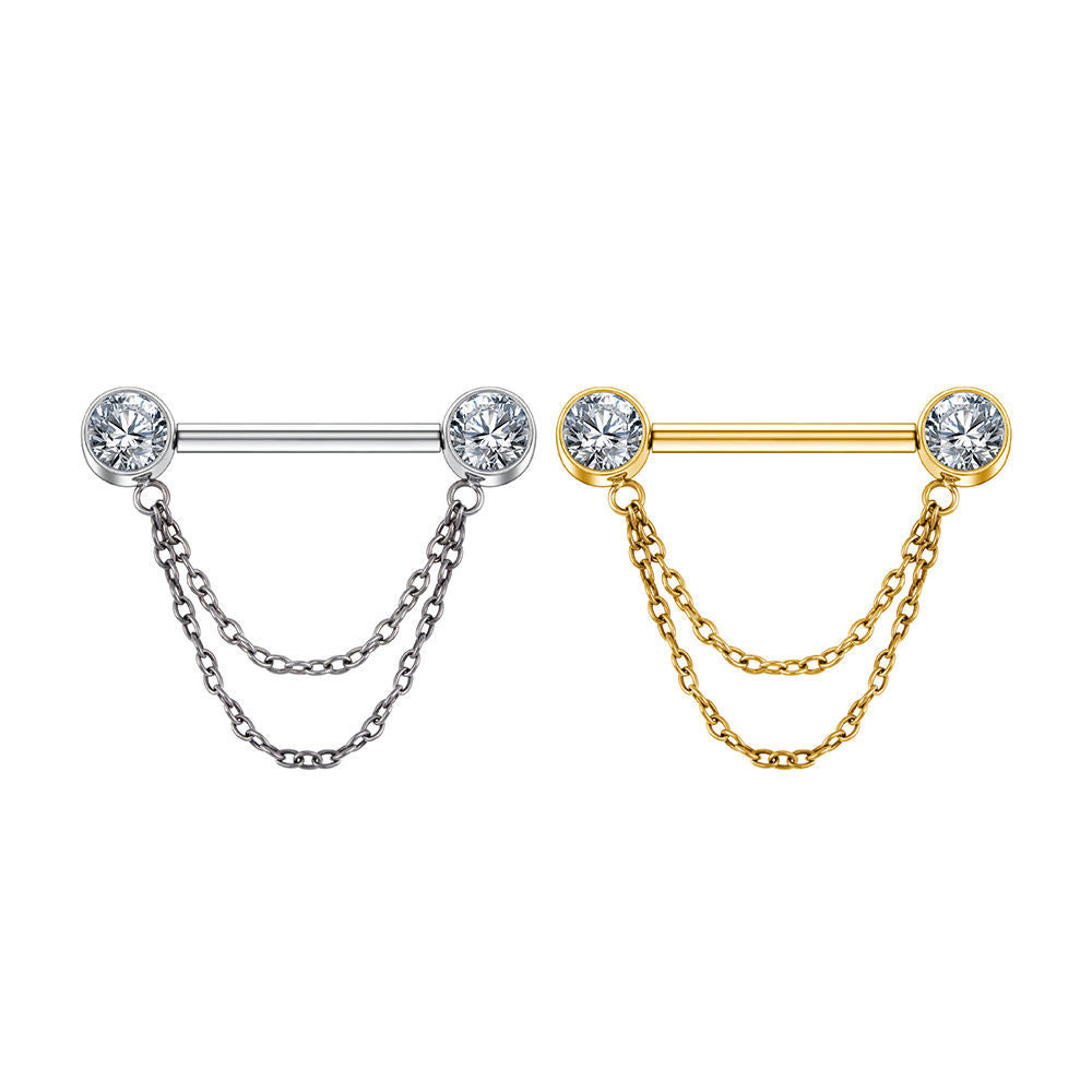 Double CZ End Nipple Stud with Chain – Stylish Body Piercing Jewelry