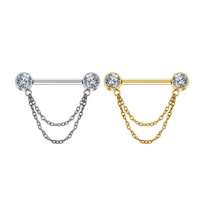 Double CZ End Nipple Stud with Chain – Stylish Body Piercing Jewelry