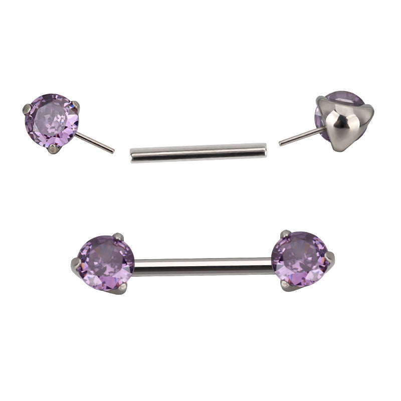 Threadless Titanium Nipple Barbell–Prong Set CZ Ends | Push-In Style Body Piercing Jewelry