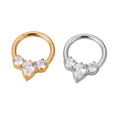 316L Stainless Steel Helix Earring with 2 CZ and Tear CZ Center Blaze Set Segment Hoop Ring