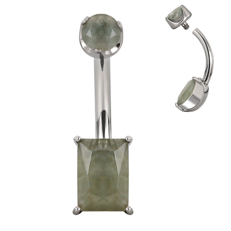 Fashion Belly Button Ring ASTM F136 Titanium Internally Threaded Prong Set Rectangle Natural Stone