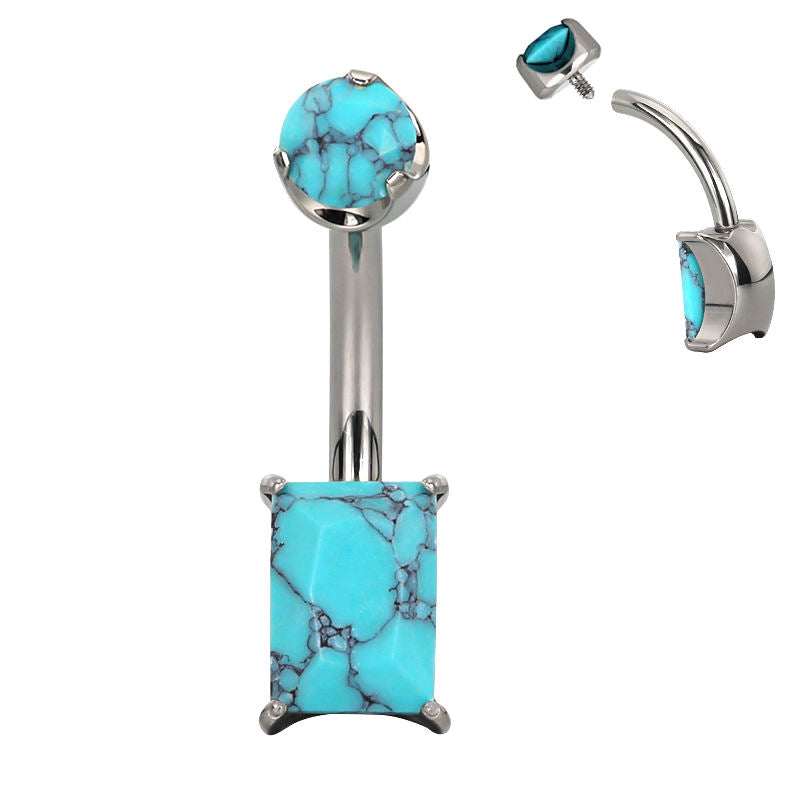 Fashion Belly Button Ring ASTM F136 Titanium Internally Threaded Prong Set Rectangle Natural Stone