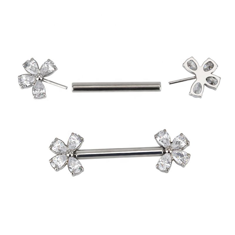 ASTM F136 Titanium Threadless Nipple Ring with Pear CZs–Push Pin Style