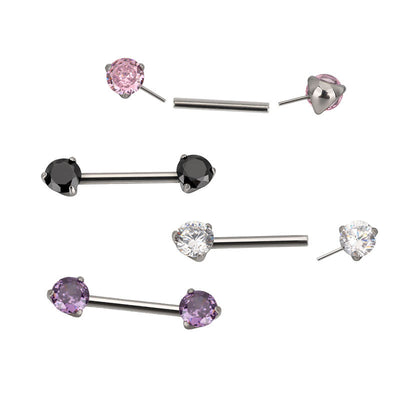 Threadless Titanium Nipple Barbell–Prong Set CZ Ends | Push-In Style Body Piercing Jewelry