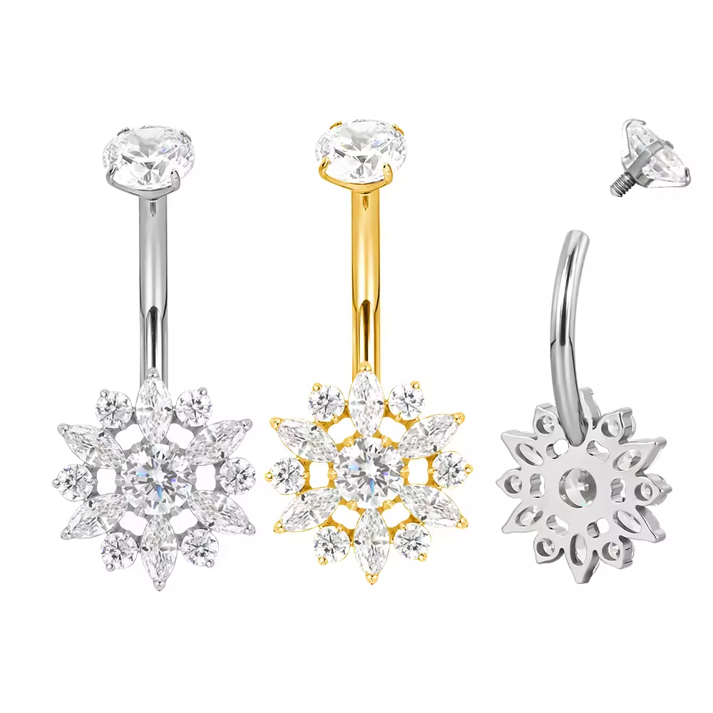 Titanium Bezel-Set CZ Top with CZ Flower Belly Button Ring