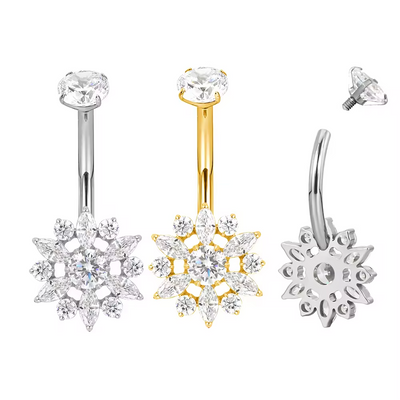 Titanium Bezel-Set CZ Top with CZ Flower Belly Button Ring