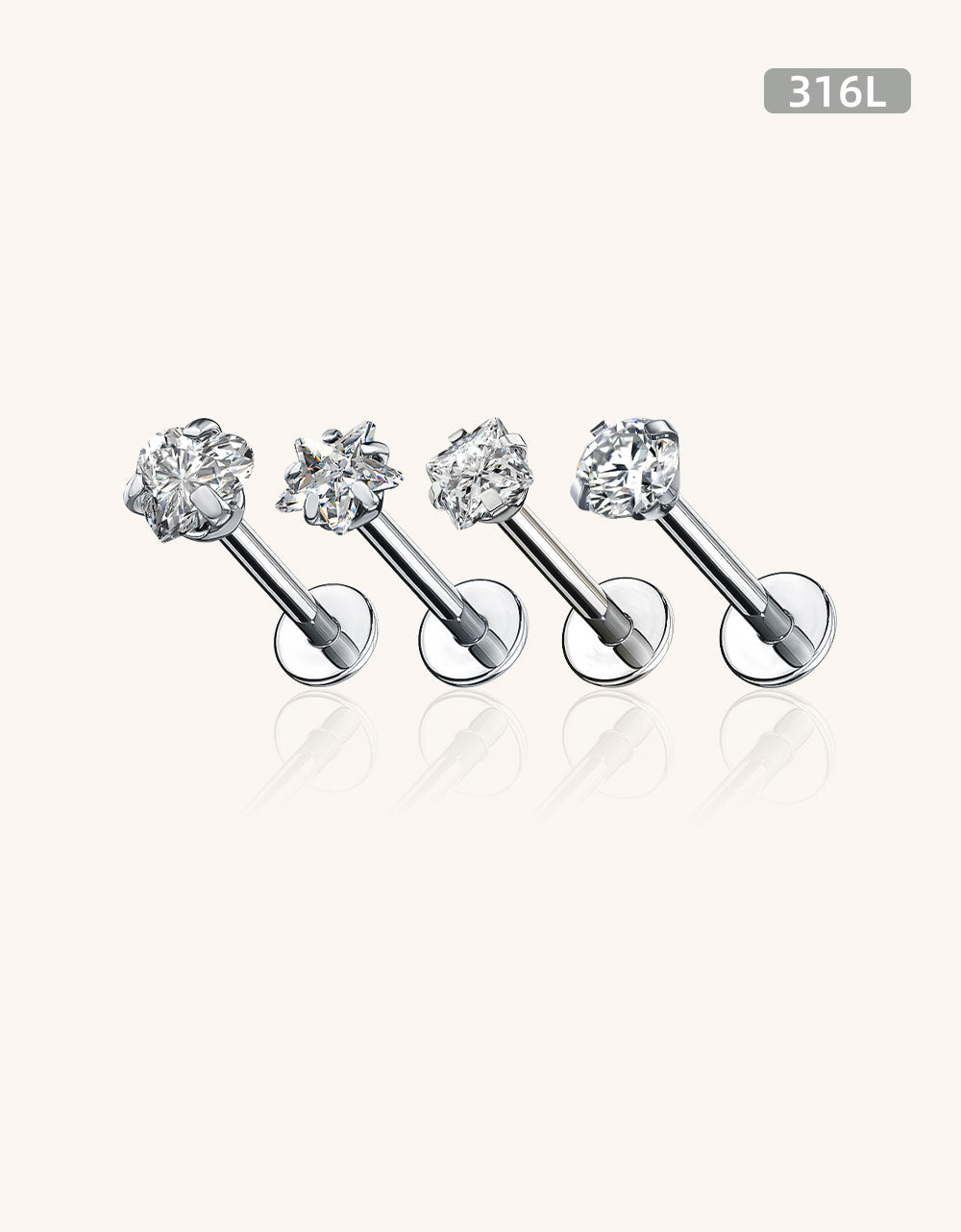 316L Stainless Steel Fashion Labret & Nose Rings – CZ Round, Star, Square, Heart & Triangle Designs