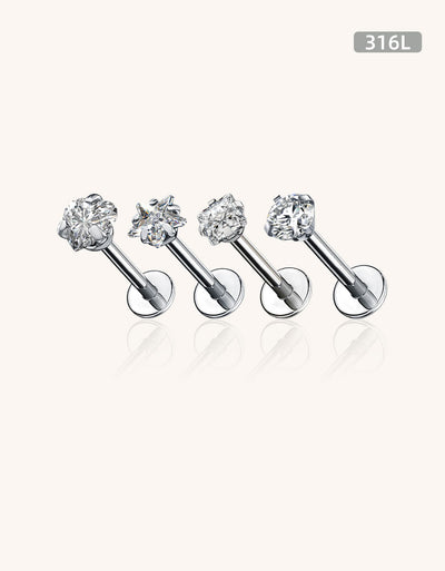 316L Stainless Steel Fashion Labret & Nose Rings – CZ Round, Star, Square, Heart & Triangle Designs