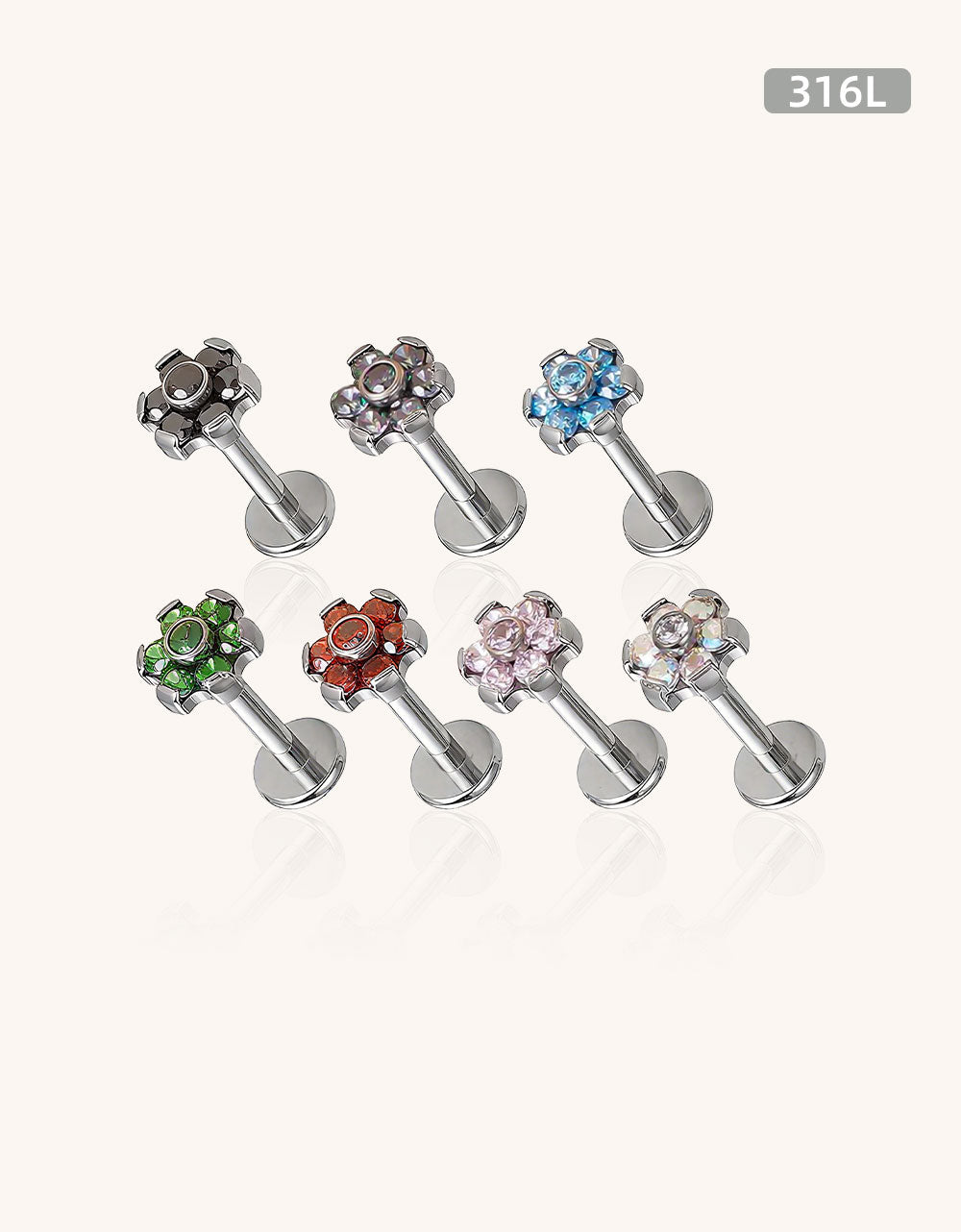 316L Surgical Steel Internally Threaded CZ Flower Labret Stud – Lip & Helix Piercing Jewelry