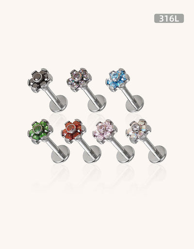 316L Surgical Steel Internally Threaded CZ Flower Labret Stud – Lip & Helix Piercing Jewelry