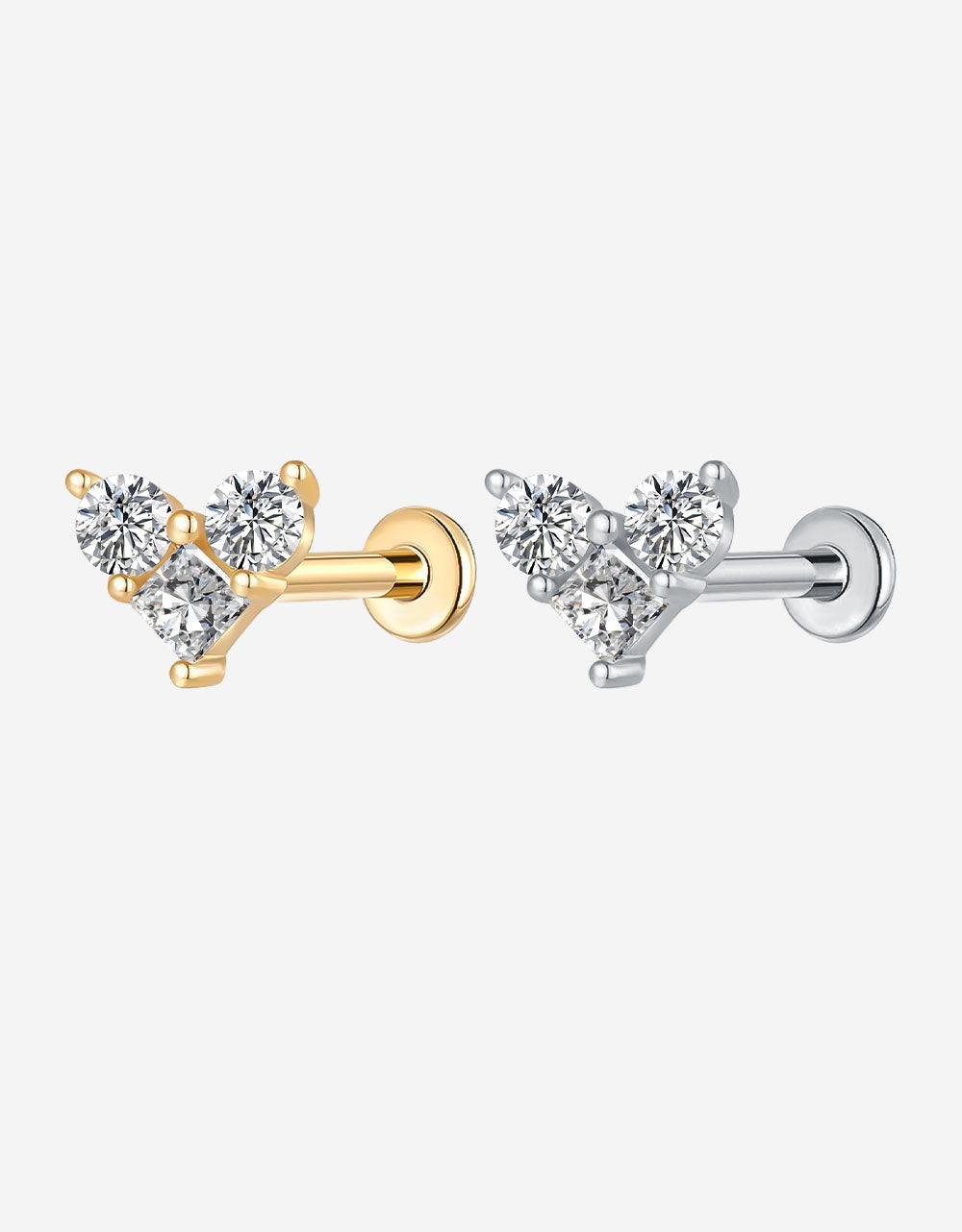Triple Lab-Grown Diamond Stud Earrings – Flat Head Threaded Cartilage Piercing Jewelry