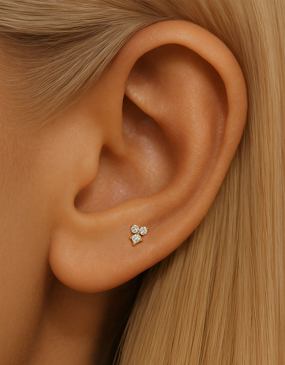 Triple Lab-Grown Diamond Stud Earrings – Flat Head Threaded Cartilage Piercing Jewelry