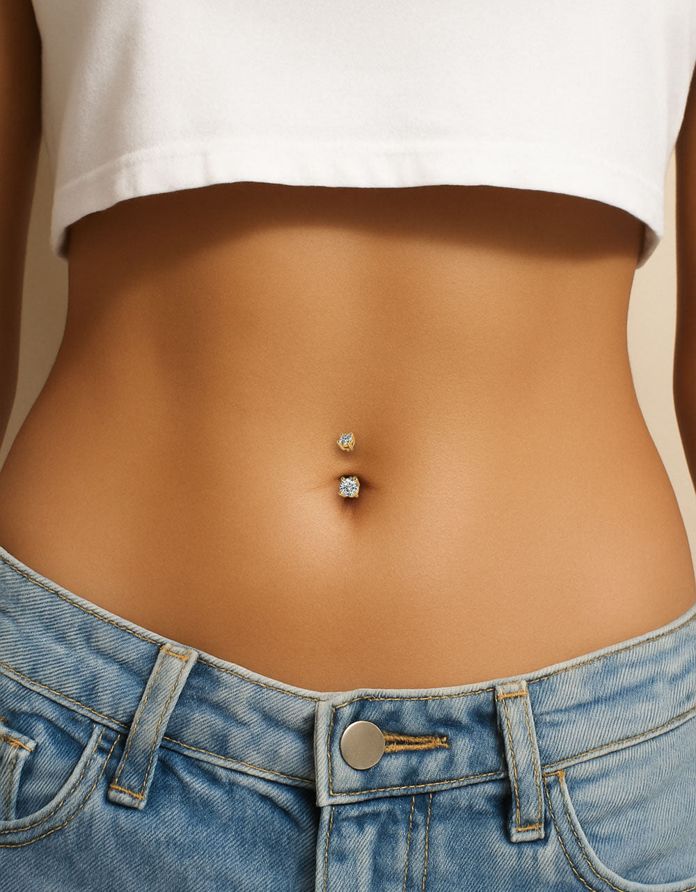 Titanium & Steel Double Round Stone Belly Button Ring – Basic Navel Piercing