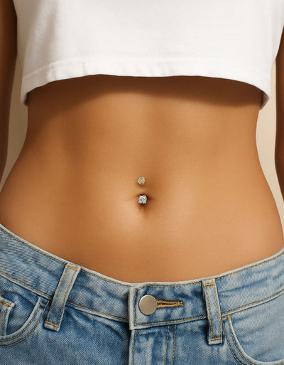 Titanium & Steel Double Round Stone Belly Button Ring – Basic Navel Piercing