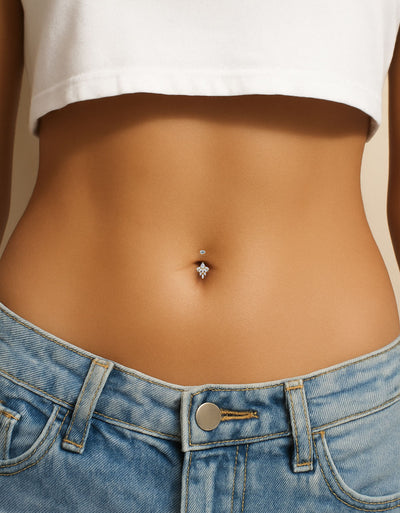 Marquise CZ Cluster Flower with Round CZ Prong Belly Ring