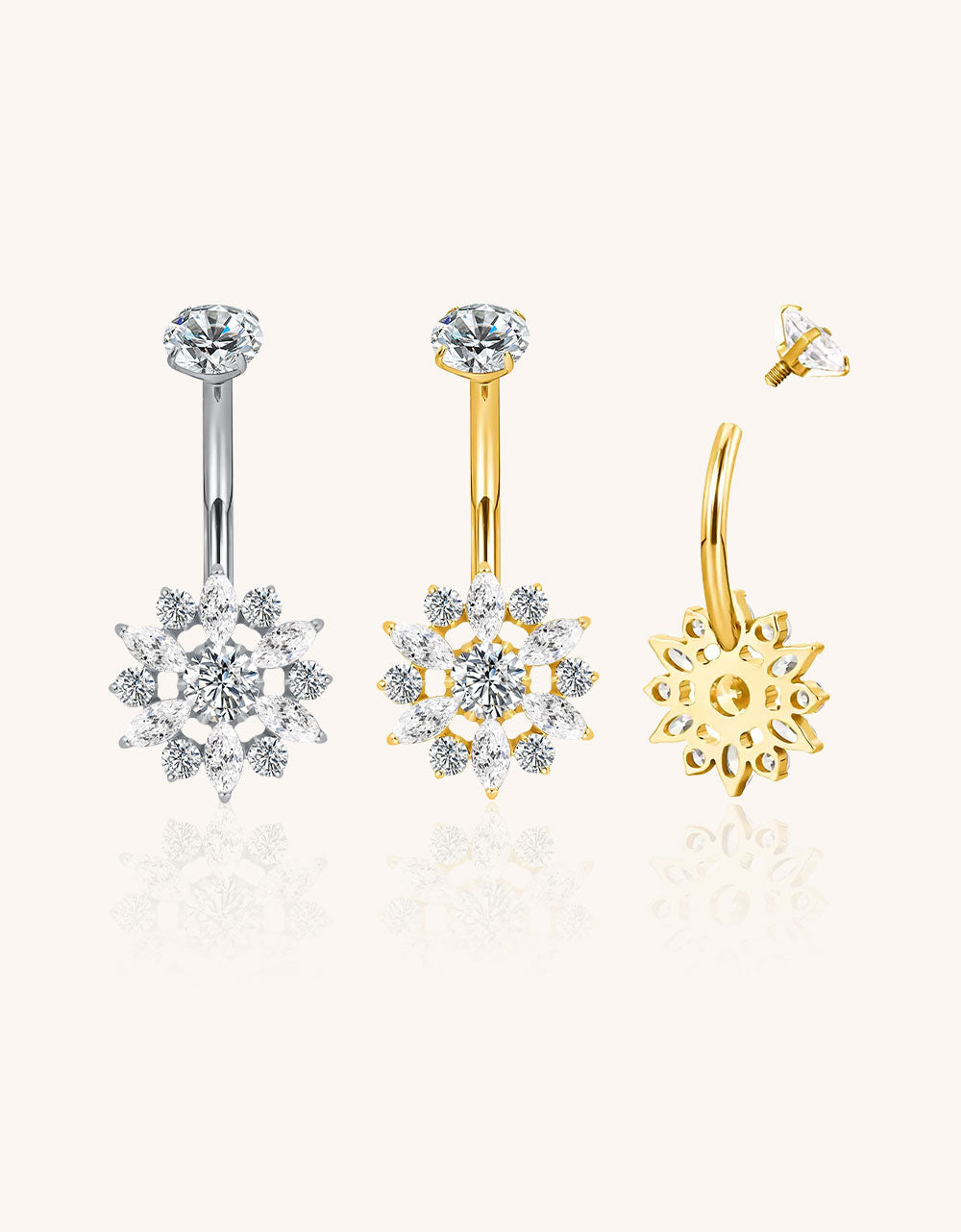 Titanium Bezel-Set CZ Top with CZ Flower Belly Button Ring